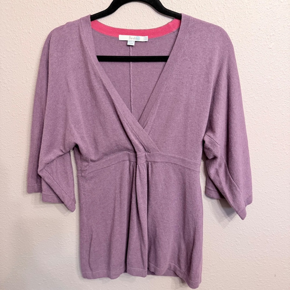 Boden Purple Cashmere Blend V-Neck Empire Waist 3/4 Sleeve Knit Top WK762 US 6
